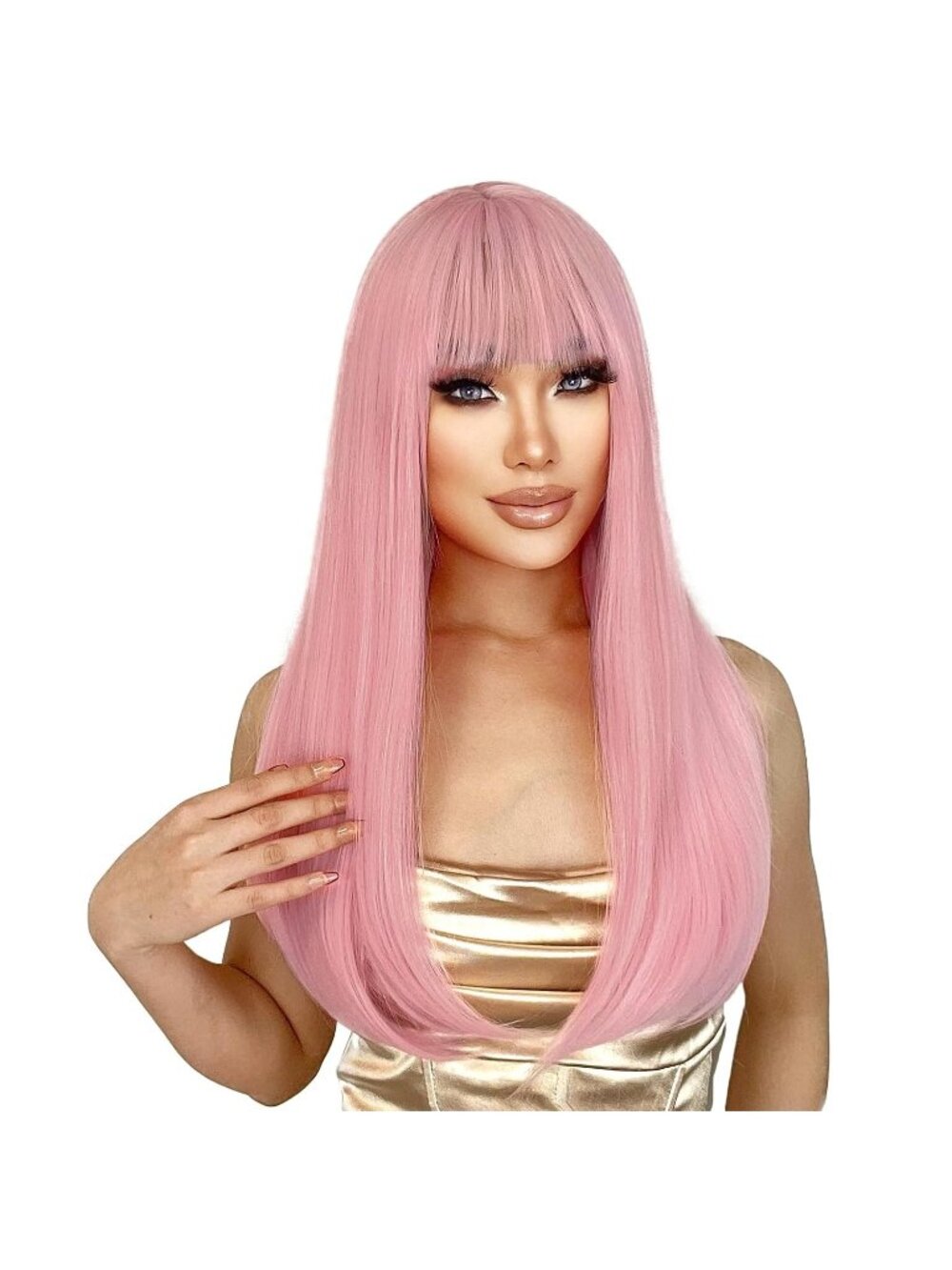 Women's Light Pink 22 Inch Heat Resistant Synthetic Long Straight Wigs Bangs
